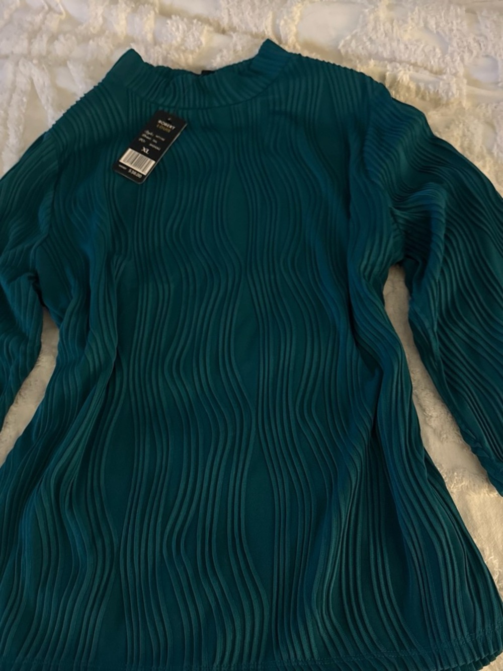 Robert Louis Teal Wave-Pleat Long Sleeve Top